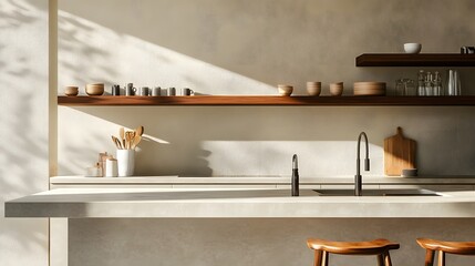 Light home kitchen interior with bar counter, sink, and kitchenware on shelves