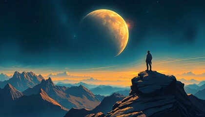 A Man Standing on a Mountain Peak and looking at the others Planet.