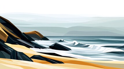 Rocky coastline with crashing waves and misty mountains in the background.