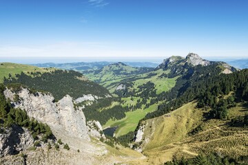Fototapeta premium View of the Appenzell Alps as seen from the geological mountain trail, Hoher Kasten mountain, 1794m, on the right, and the Alp Sigel on the left, canton of Appenzell Inner-Rhodes, Switzerland, Europe