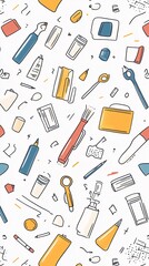 Seamless pattern of colorful stationery and office supplies on a white background.