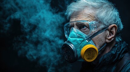 Senior Man Wearing a Gas Mask in Smoky Environment