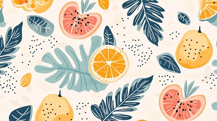 Seamless pattern with tropical fruits and leaves in a vibrant color palette.