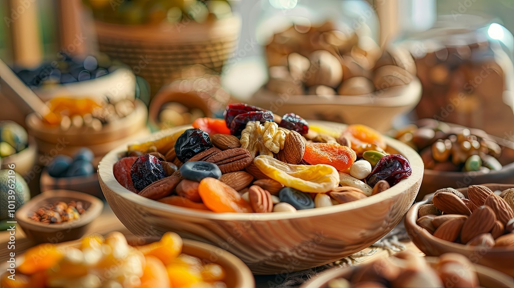 Poster a vibrant array of dried fruits and nuts is artistically arranged in a rustic bowl placed on a woode
