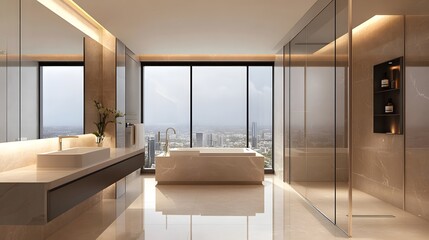 Fototapeta premium Luxurious beige hotel bathroom interior with a double sink, spacious shower, and panoramic window, combining elegance and comfort with modern design elements