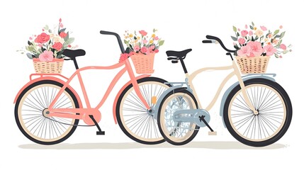 Fototapeta premium Two bicycles with baskets full of flowers, one pink and one blue.