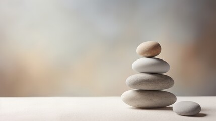 Stacked smooth stones on a soft surface reflect balance and tranquility, set against a gentle, blurred background for a minimalist zen atmosphere.
