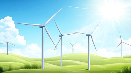 Wind turbines stand tall in a field of green hills under a bright blue sky with white clouds.