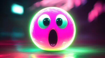Naklejka premium A surprised emoji, glowing in neon pink and green, with large, shocked eyes and an open mouth. The vibrant neon light creates a sharp HD effect