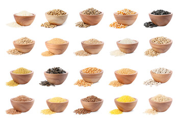 Different cereal grains, seeds and beans in bowls on white background, collection