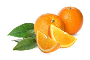 Fresh ripe oranges and green leaves on white background. Citrus fruit