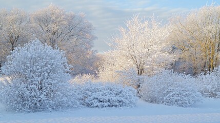 Obraz premium A snowy landscape with trees covered in frost.