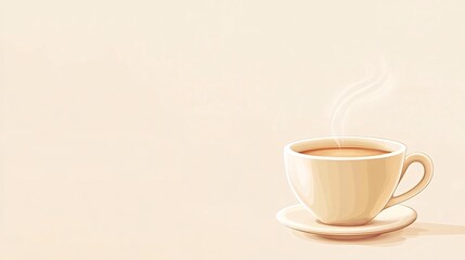 A steaming cup of coffee on a saucer against a pale background.