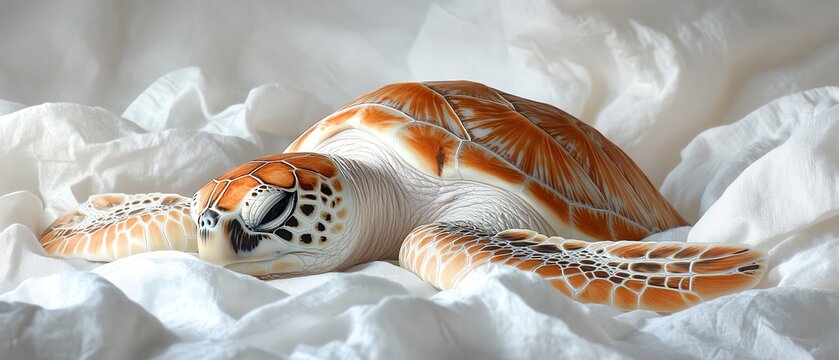 A serene turtle resting on soft white fabric, showcasing its intricate shell patterns and calm demeanor.