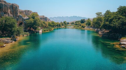 Turquoise Lake in a Mountain Valley with Lush Trees