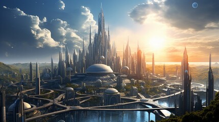 a futuristic city skyline, filled with skyscrapers, flying vehicles, and advanced technology (1)