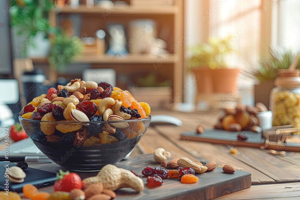 Poster a colorful bowl filled with assorted dried fruits and nuts sits on a rustic wooden table in a warm, 