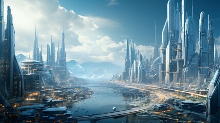 a futuristic city skyline, filled with skyscrapers, flying vehicles, and advanced technology (1)