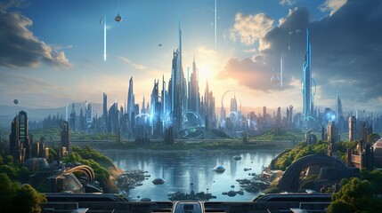 a futuristic city skyline, filled with skyscrapers, flying vehicles, and advanced technology (1)