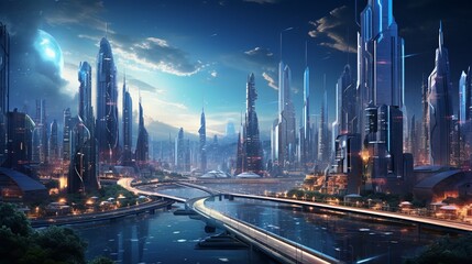 a futuristic city skyline, filled with skyscrapers, flying vehicles, and advanced technology (1)