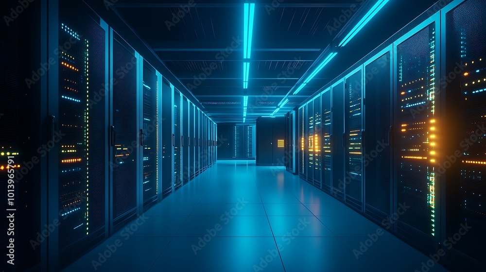 Poster a long corridor in a server room with rows of black server racks lit with blue and orange lights.