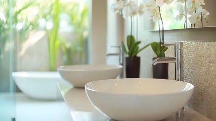 Fototapeta premium Luxury home bathroom interior with a double sink and bathing accessories, showcasing an elegant and sophisticated design