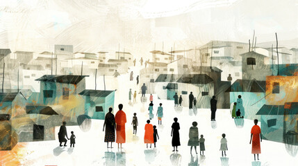 Obraz premium A visual of communities in emerging markets experiencing sadness due to socio-economic challenges, and finding ways to cope.