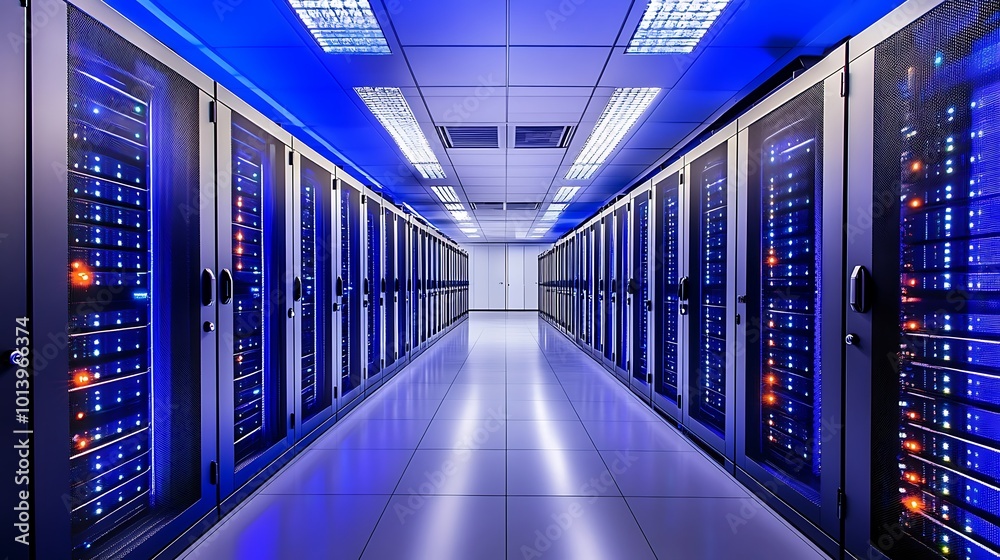 Poster a long row of server racks lit by blue lights in a modern data center.