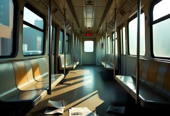 Deserted subway car, seats and poles in focus, soft ambient lighting casting shadows, windows showing the cityscape outside, and a few abandoned newspapers on the floor create with ai