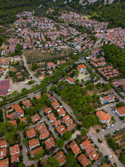 Fototapeta premium Akyaka District in Ula, Mugla, Turkey. Aerial view of Akyaka. Akyaka is situated at the Gulf of Gokova. Beautiful Beach and Coast View.