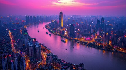 Obraz premium Stunning skyline view during twilight, showcasing vibrant city lights and a river winding through urban landscapes.