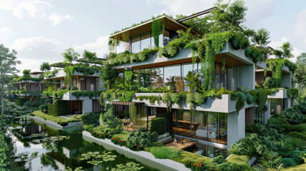 A visual of eco-friendly homes and communities thriving through sustainable practices, leading to happiness and well-being.