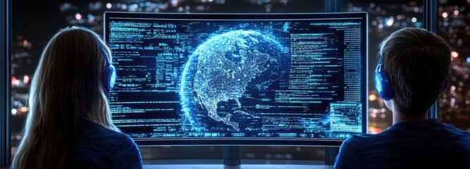 Two individuals engaged in a digital interface with a futuristic display showcasing data and global maps.