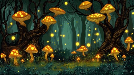 Fototapeta premium Enchanting forest scene with glowing mushrooms and fireflies.