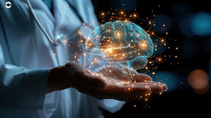 Futuristic Medical doctor Holding Glowing Transparent Brain, Light Blue Gradient Background, Perfect for Healthcare, Technology and Innovation