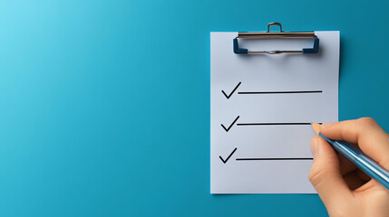 Hand checking items on a clipboard with a blue background, ideal for productivity, planning, and organization themes.