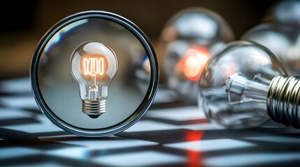 Magnifying glass focusing on a target and a creative light bulb, illustrating the generation of ideas and innovative solutions aimed at achieving strategic goals