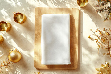 Christmas Mockup towel photo. Top view of a minimalist festive table setting featuring a white napkin on a wooden board, surrounded by golden ornaments and holiday decorations.