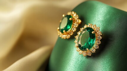 Gold Earrings with Vivid Green Emeralds on Green Satin Stand