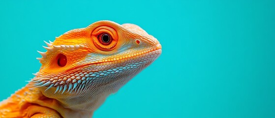 A vibrant close-up of a bearded dragon showcasing its vivid colors against a striking turquoise background.