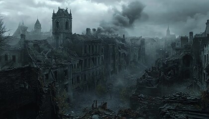 A desolate cityscape shrouded in smoke and fog, showcasing dilapidated buildings and an eerie atmosphere of abandonment.