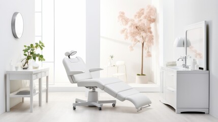 Elegant and minimalistic spa room with a reclining chair, soft lighting, and pastel decor creating a tranquil atmosphere.