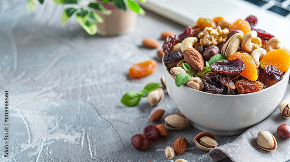 Poster a bowl filled with a colorful assortment of dried fruits and nuts sits on a textured gray surface, p