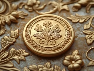 an elegant golden wax seal featuring intricate details and a rich texture isolated on a soft backdrop evoking a sense of tradition and craftsmanship in a refined presentation