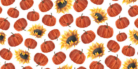 Watercolor pumpkin and sunflower seamless pattern Autumn 2024 Harvest festival decoration Thanksgiving design Halloween Wrapping paper wallpaper textile print Ripe gourd Squash vegetable Background