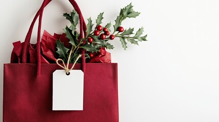 A stylish red gift bag featuring a blank white tag and a holly sprig, filled with tissue paper, perfect for high-end holiday mockups or luxury boutique packaging designs.