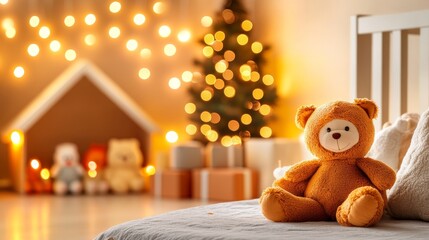 A cozy nursery scene featuring a plush teddy bear, a Christmas tree with lights, and holiday decorations creating a warm, joyful atmosphere.