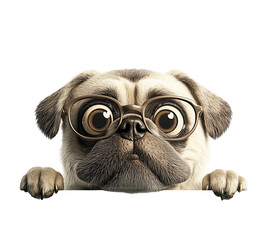 A cute pug wearing round glasses peeks over a white surface with a curious expression.