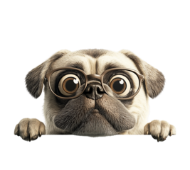 A cute pug wearing round glasses peeks over a white surface with a curious expression.