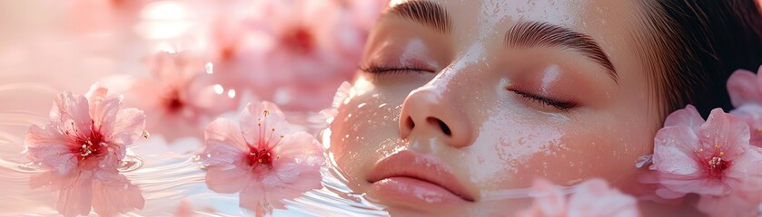 Fototapeta premium A serene moment of relaxation as a person enjoys a peaceful bath among soft pink flowers, embodying tranquility and beauty.